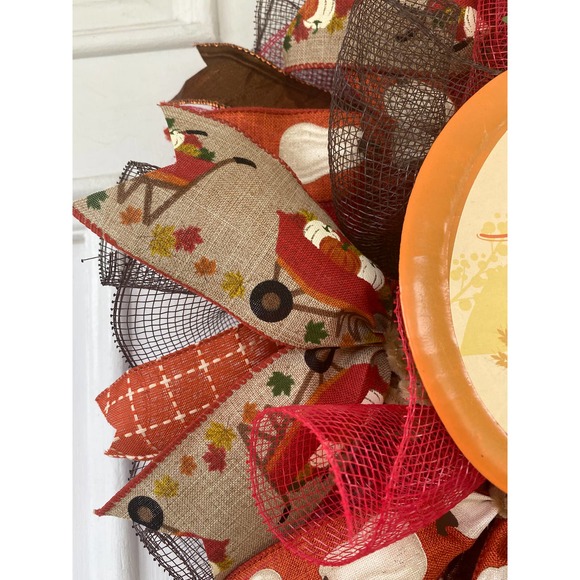 Happy Harvest Red Wheelbarrow Pumpkin Deco Mesh Ribbon Fall Storm Door Wreath - Picture 3 of 7